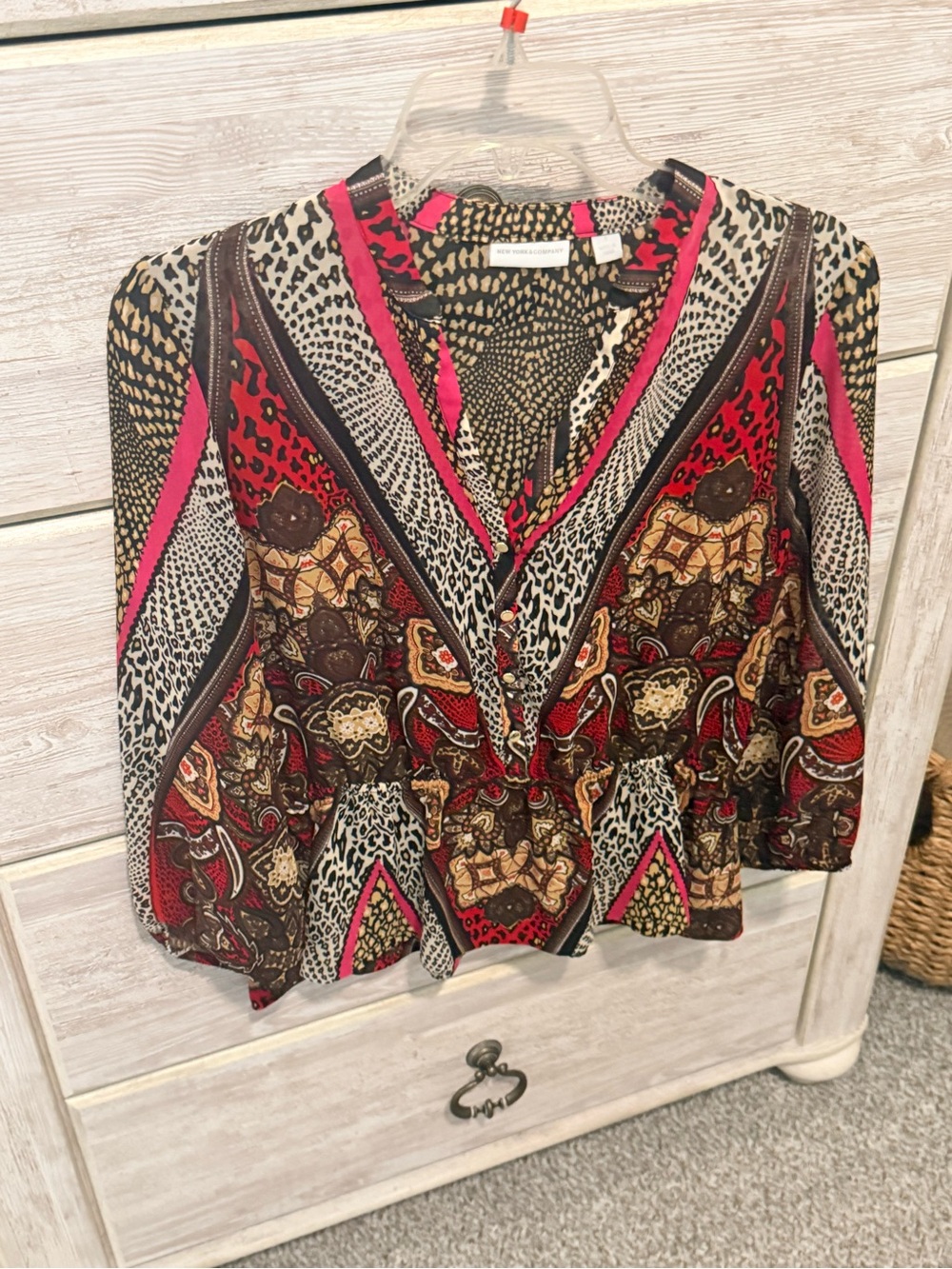Stylish Mixed-Print V-Neck Women's Top in Pink and Brown